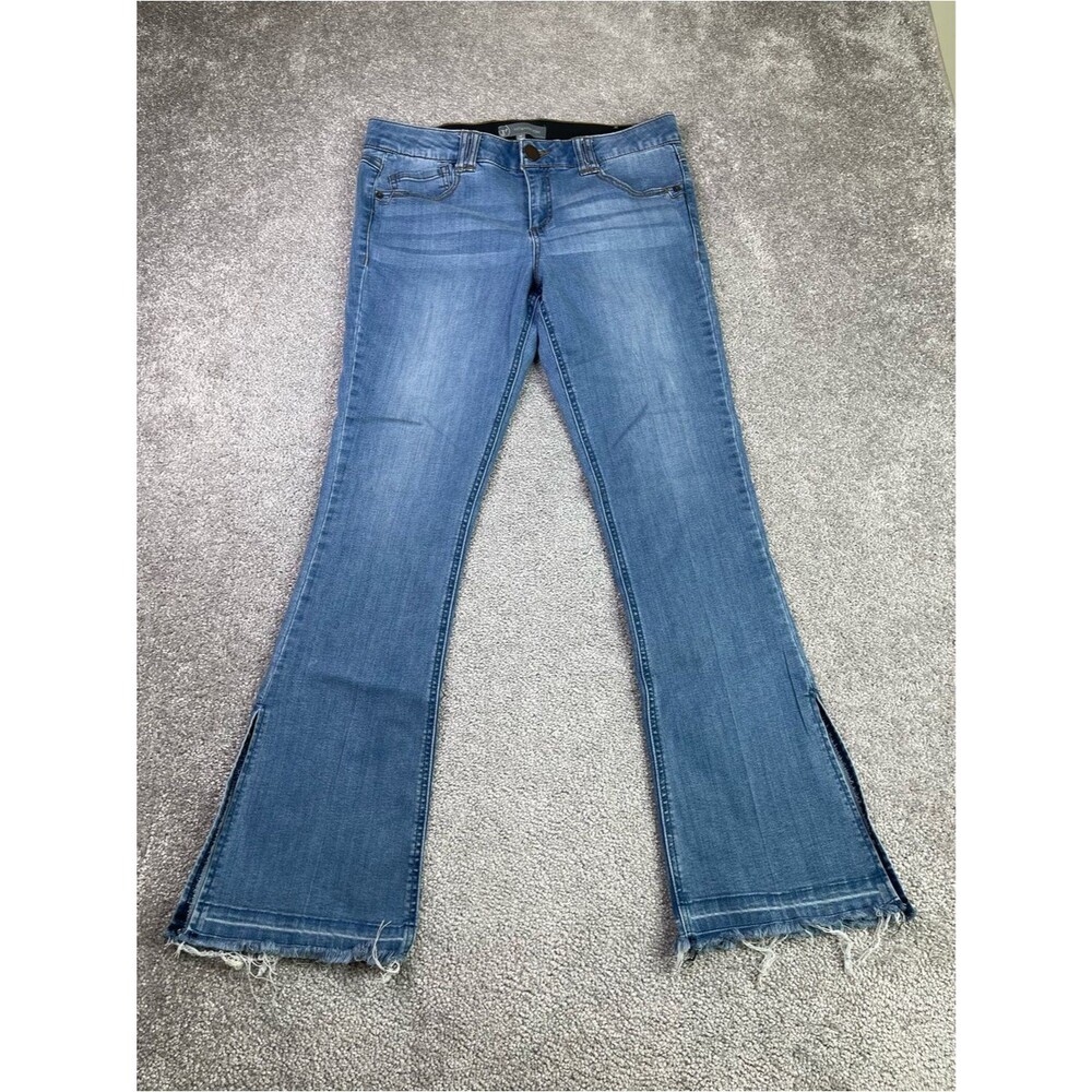 Wit & Wisdom Jeans Women’s 10 Blue Flare Mid-Rise Raw Hem Side Slit Stretch